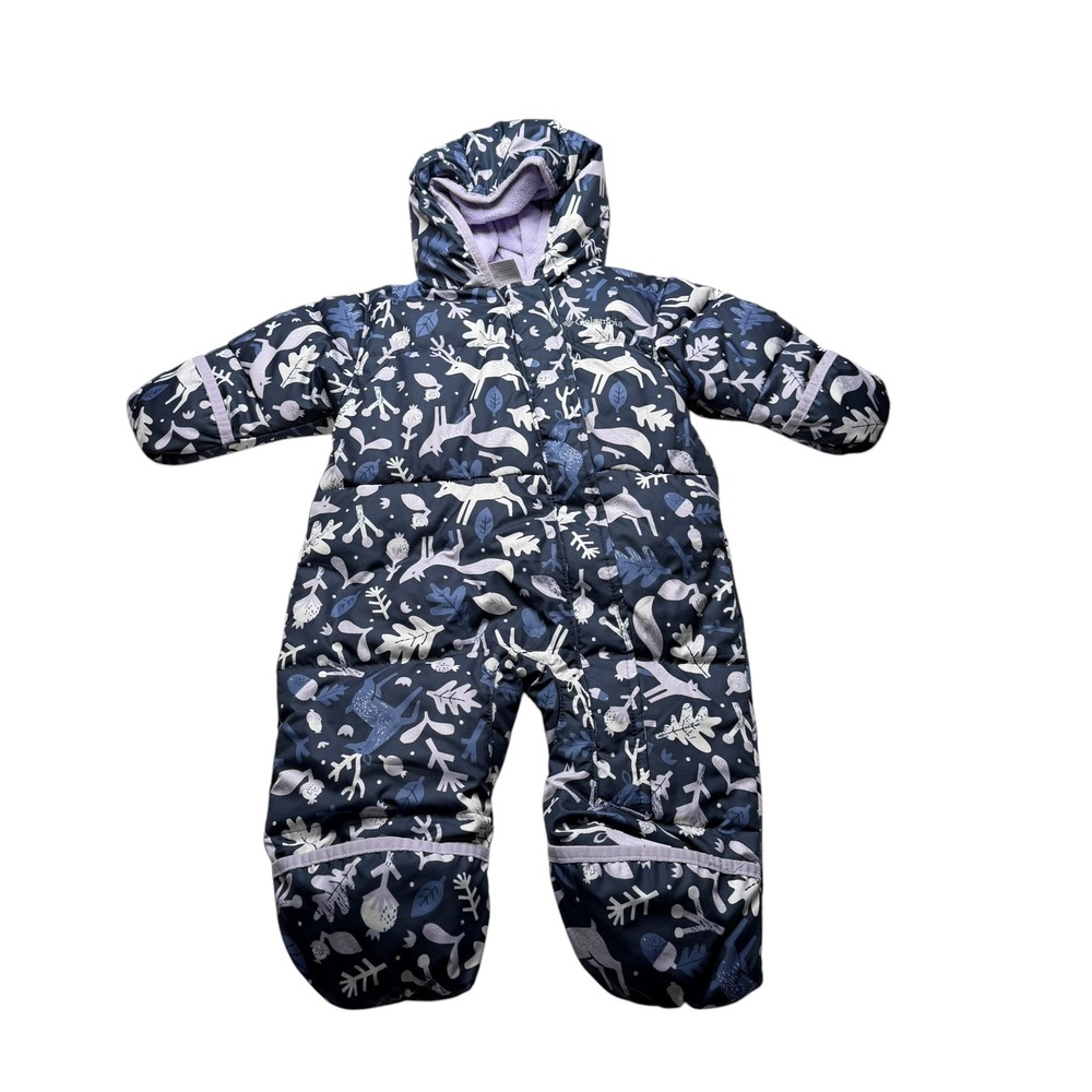 COLUMBIA Down Bunting Snowsuit Navy Woodland Animal Print Baby 6-12 Months